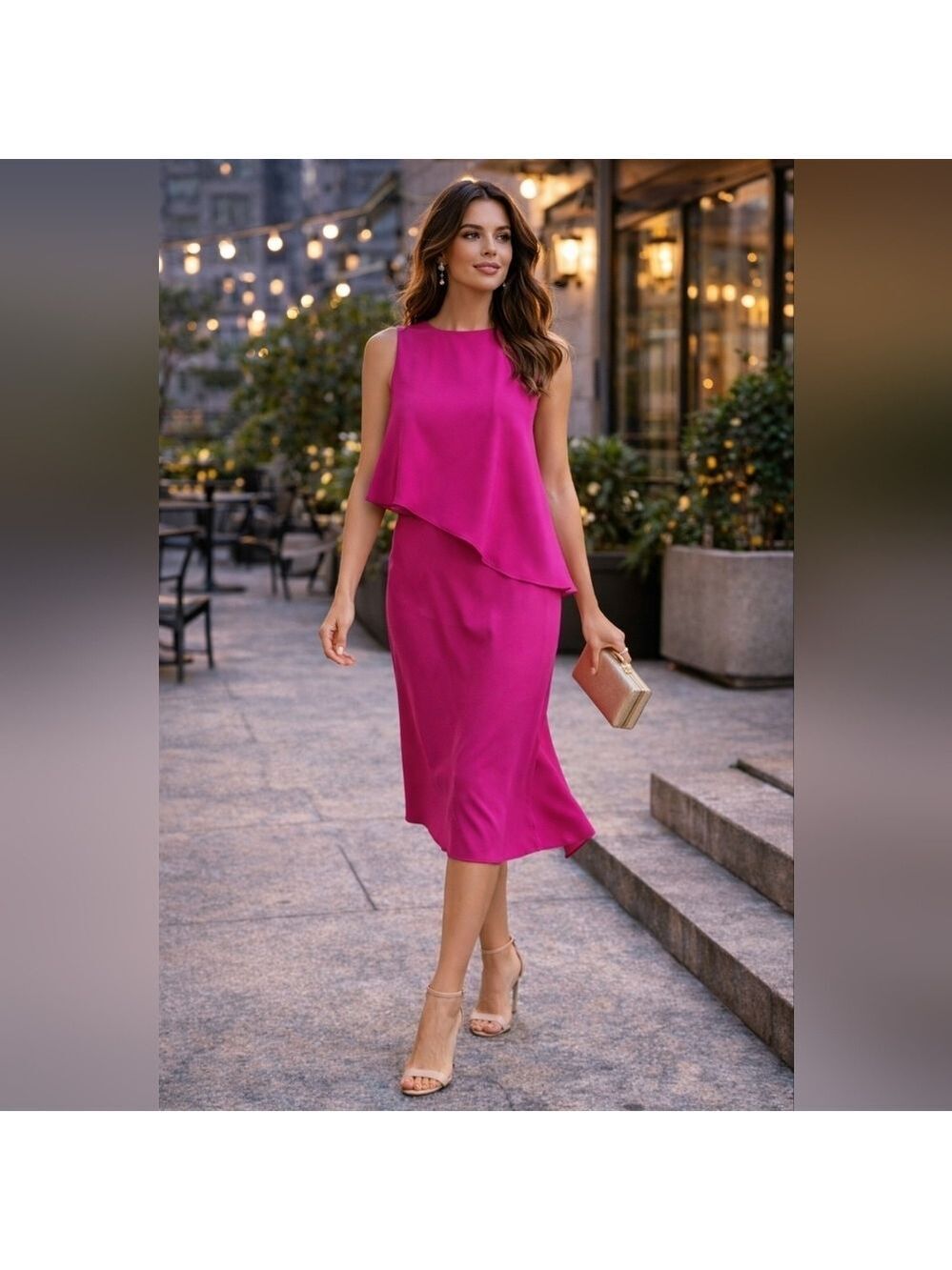 TCEC Asymmetrical Pink Sleeveless Dress – Draped Layered Midi – Size M